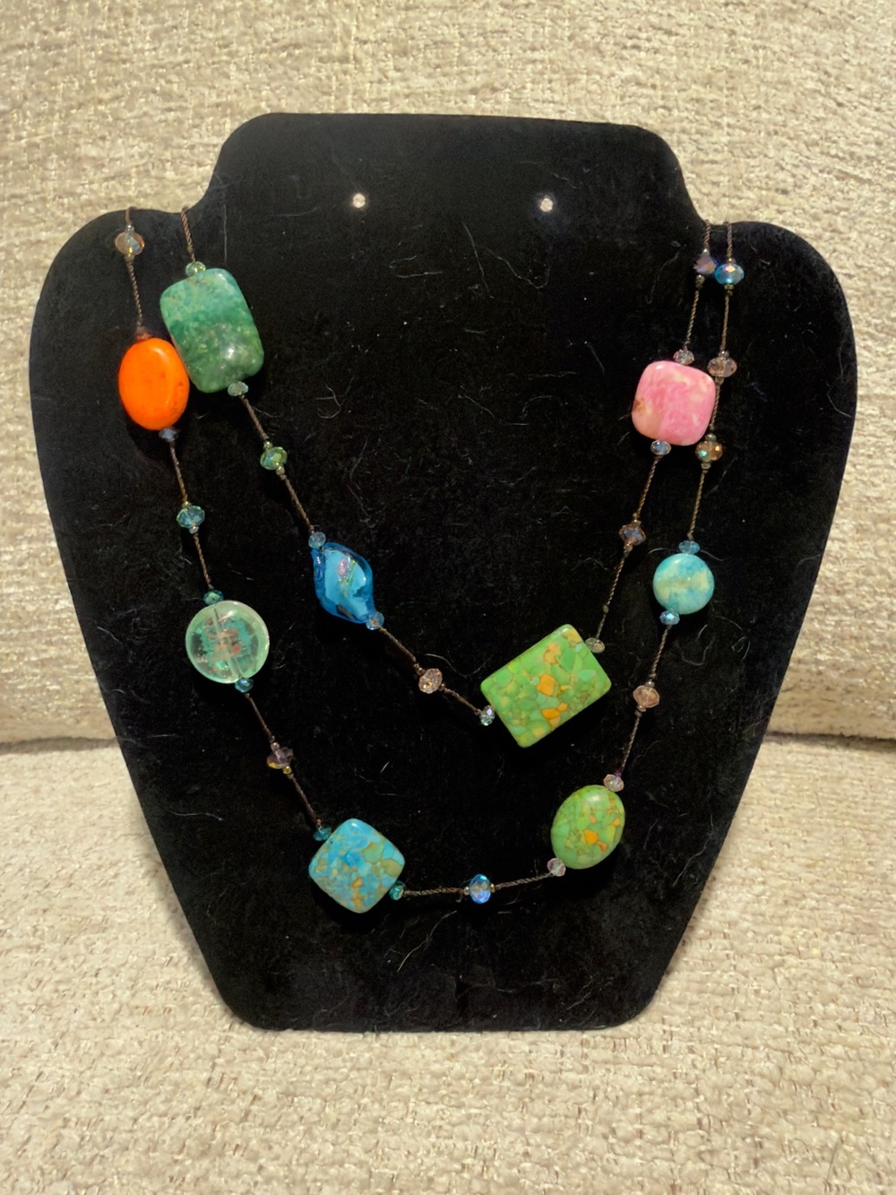 Multi-Color Beaded Statement Necklace - Green, Turquoise, Pink, Orange